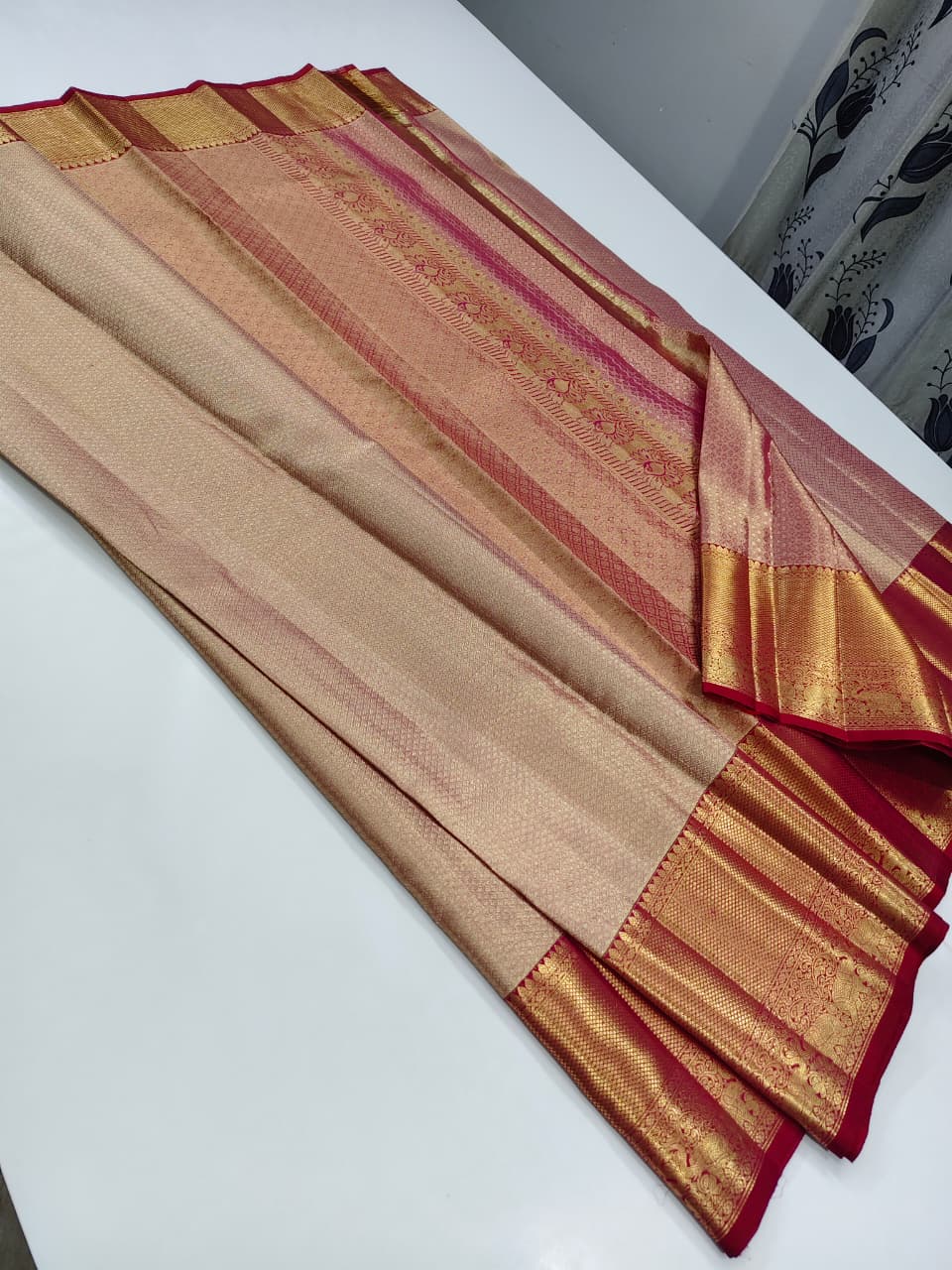 Champagne Gold Bridal Kanchipuram Silk Brocade Saree.